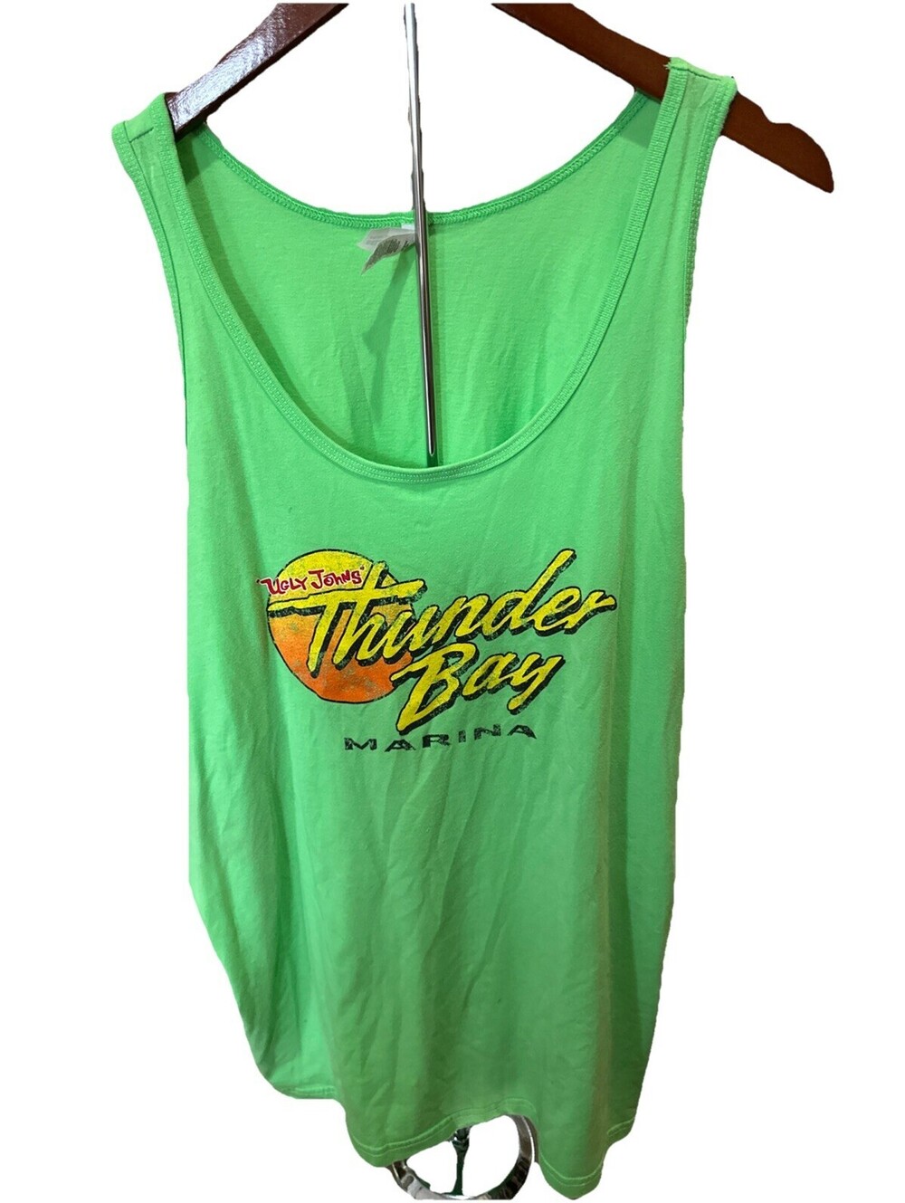 Ugly John’s Thunder Bay Marina Tank Top Size XL Lime Green Graphic T Shirt
